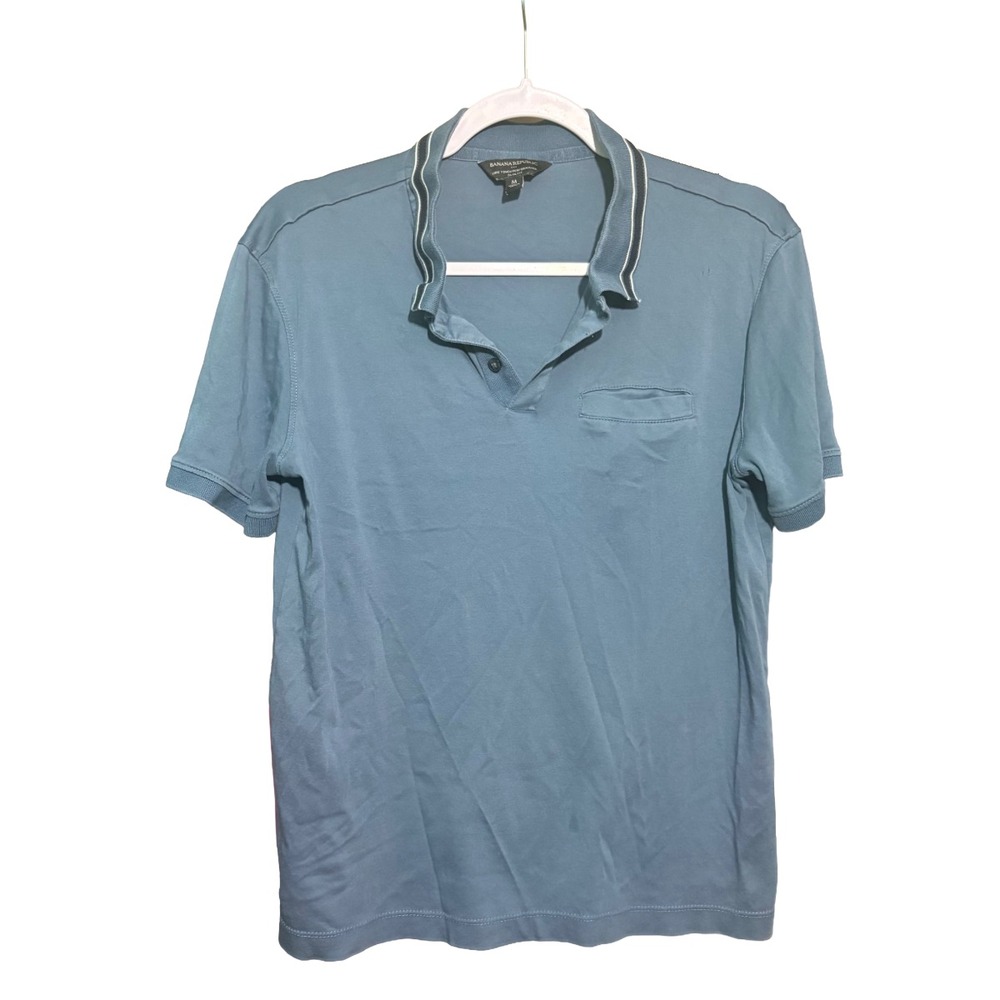 Banana Republic Shirt Mens Medium Solid Blue Short Sleeve Collard Performance